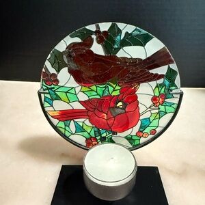 Vintage Stained Glass Cardinals Black Tea Light Candle Holder 4.5”